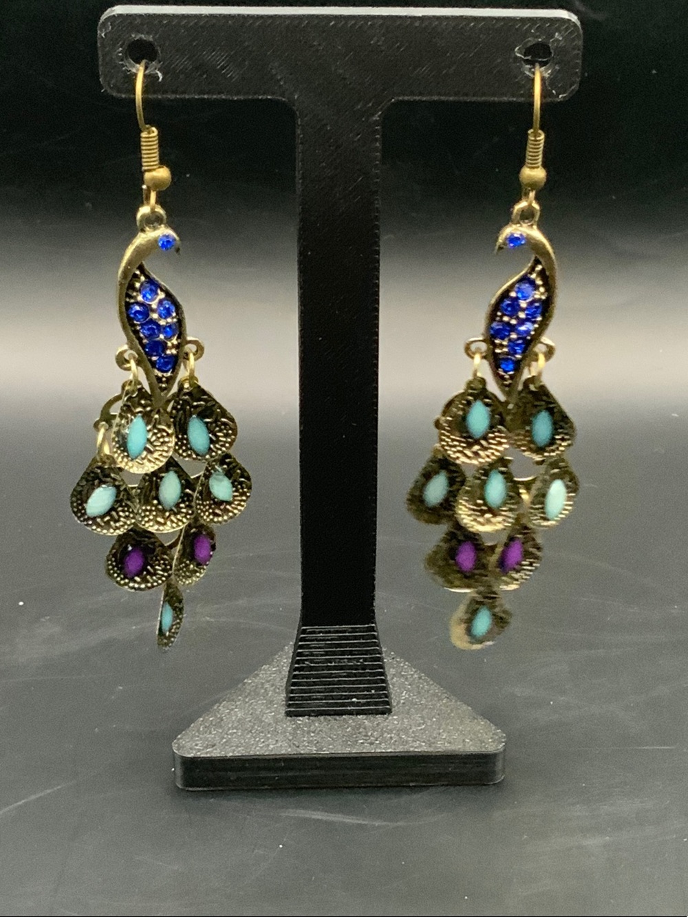 Gold-tone Peacock Drop Earrings with Blue, Turquoise & Purple Accents